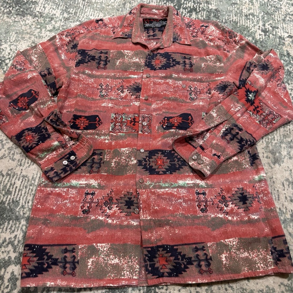 Vintage Style Southwestern Aztec Pattern Flannel Shirt Men's Large